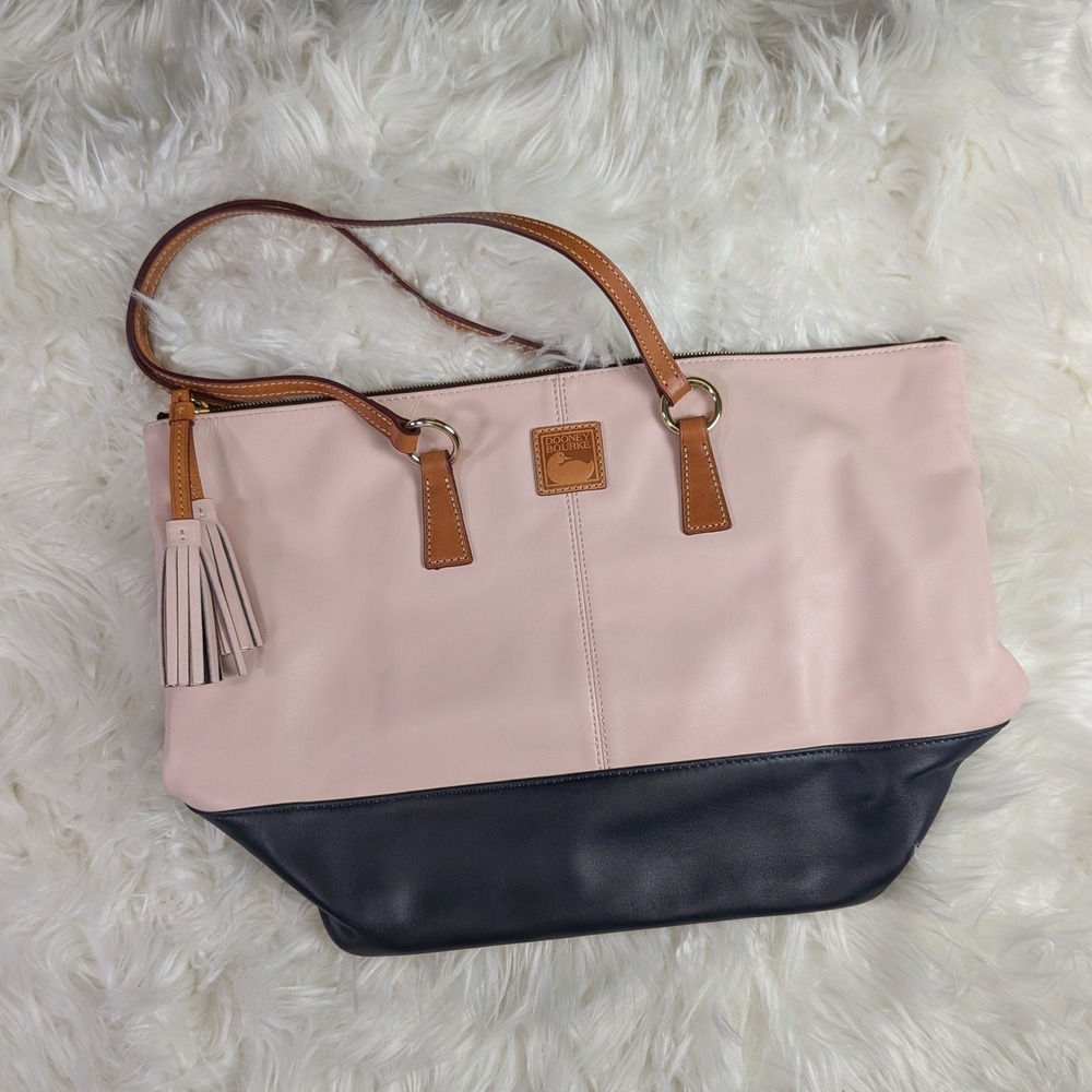 Dooney & Bourke Pink and Navy Blue Leather Colorblock Tote Bag Tassel J14142094